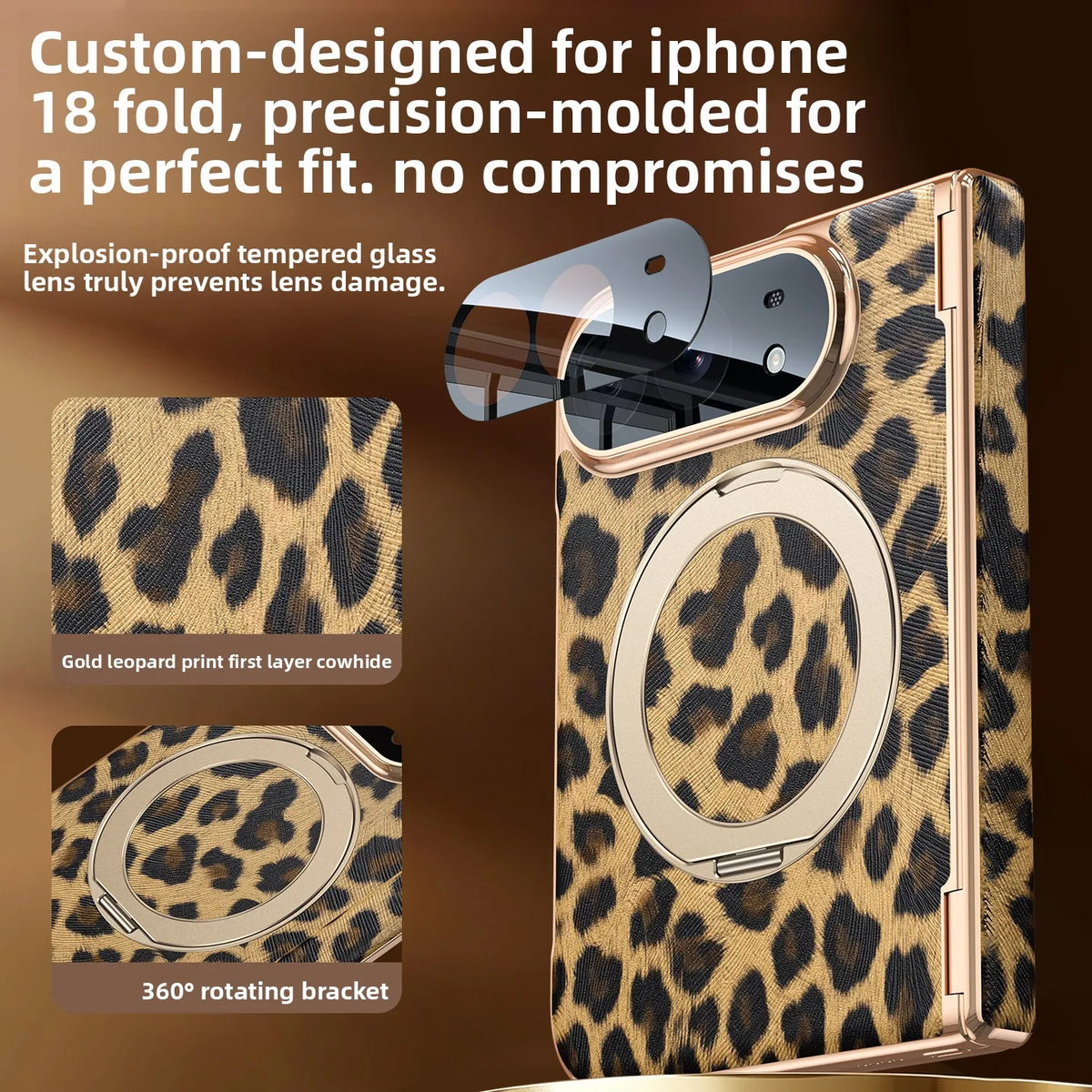 Cowhide Leopard Print MagSafe Case with 360° Rotating Ring Stand for iPhone Duo