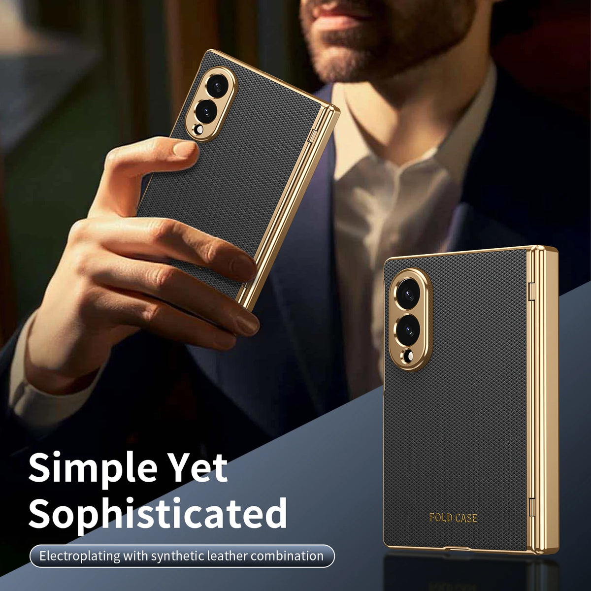 Synthetic Leather Hinge Protection Case with Tempered Glass Screen Protector for Samsung Galaxy Z Fold 8