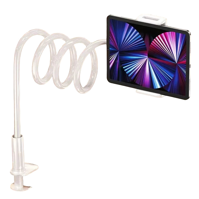 Phone holder with flexible arm on a desk, displaying a colorful screen.