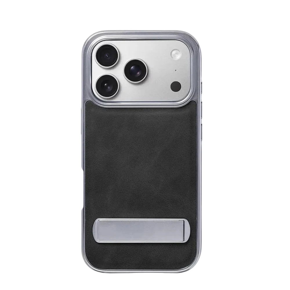 Luxury Electroplated PU Leather Case with Foldable Alloy Stand for iPhone 17 Series