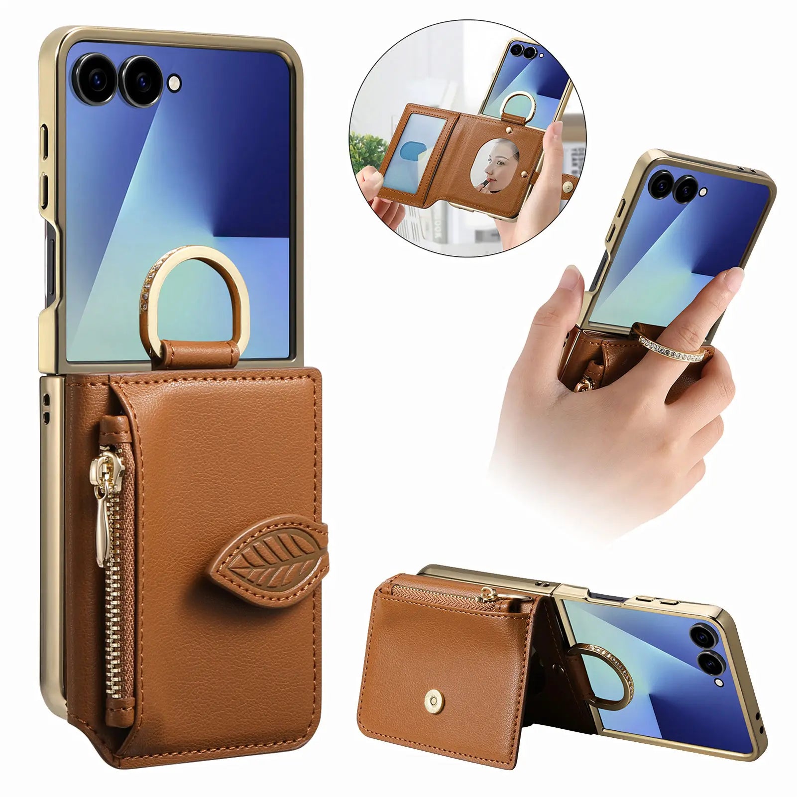 Samsung Z Flip 7 Shockproof Leather Case with Card Slots and Mirror