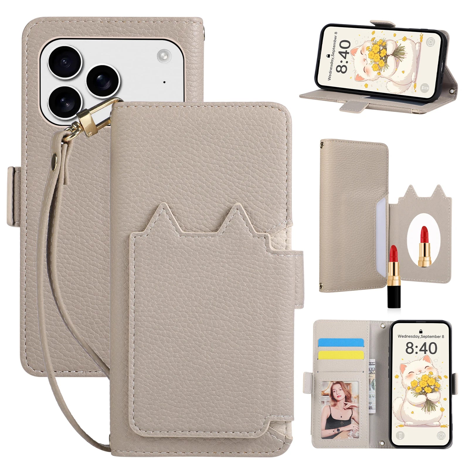 Leather Folio Wallet Case with Strap and Mirror for iPhone 17 Series