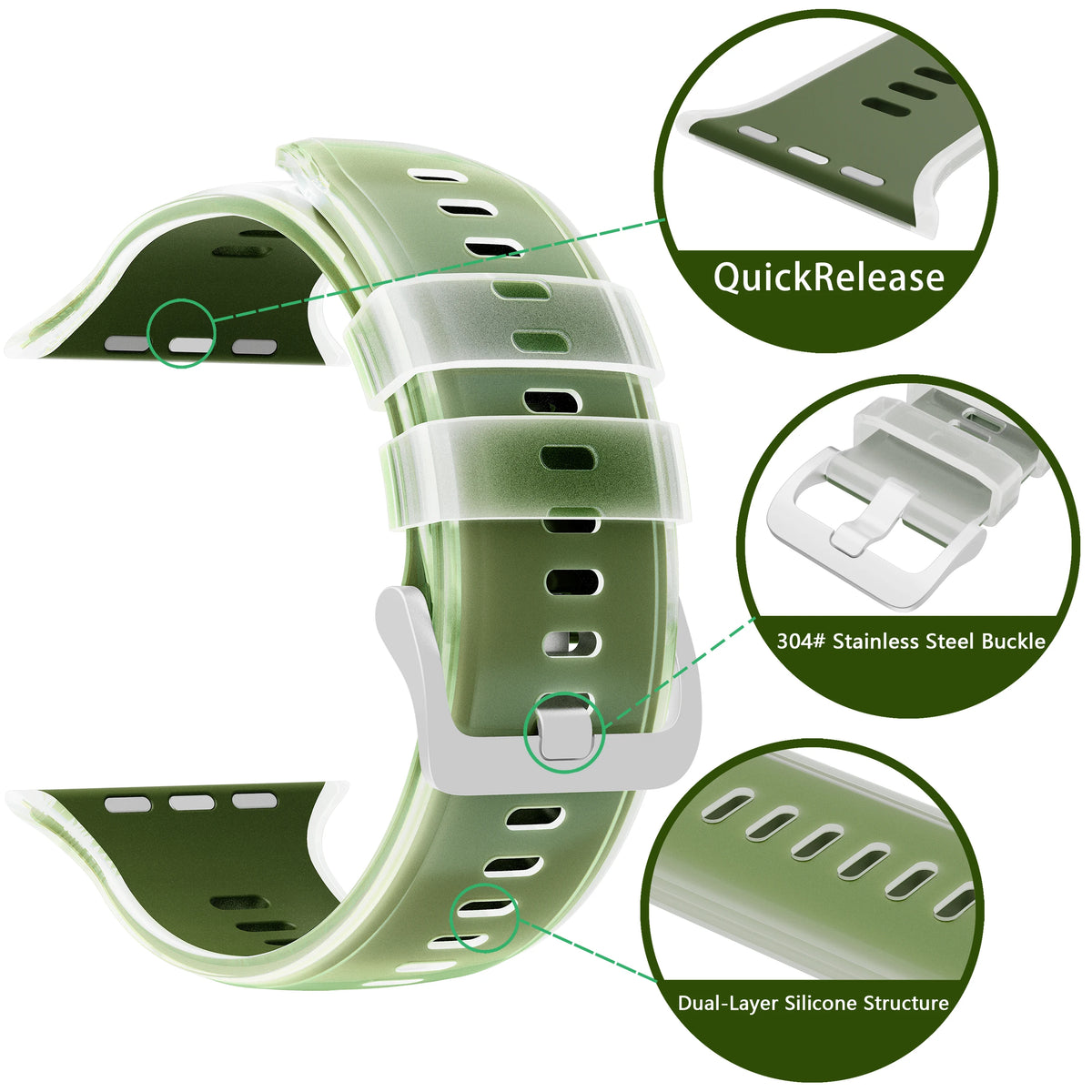 Dual-Layer Silicone Sport Band with Quick-Release Buckle for Apple Watch