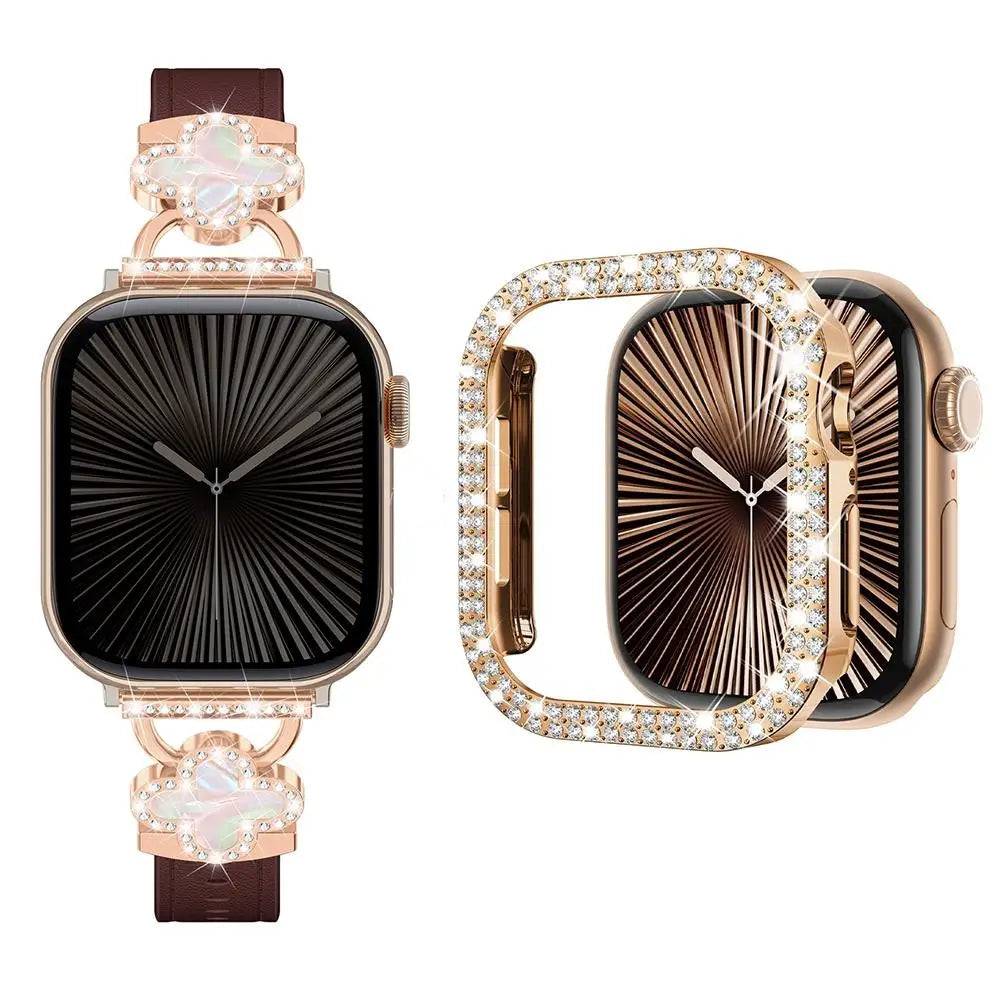 Elegant Leather Bracelet Strap with Dimond Case for Apple Watch Series 10