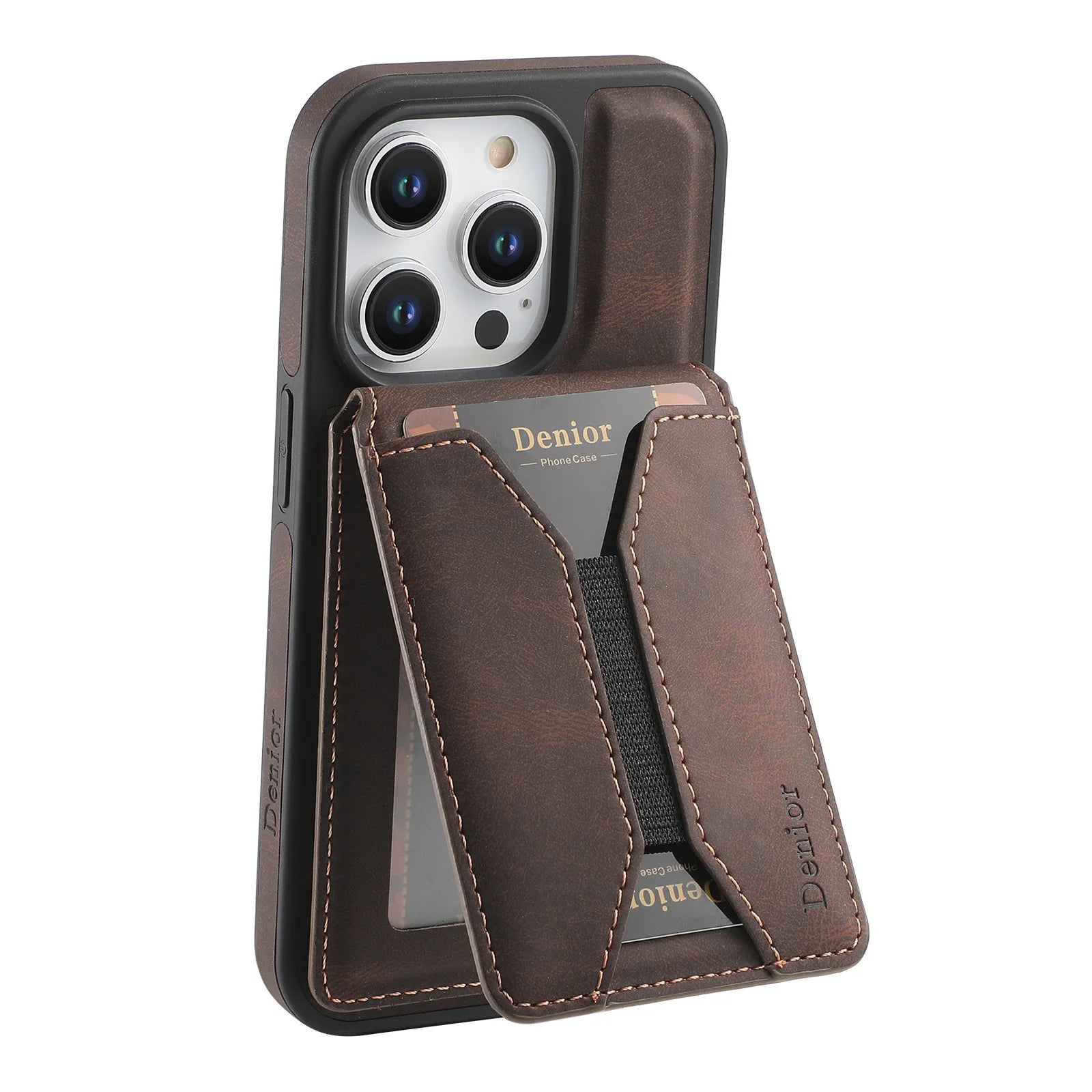 iPhone 15 Series Leather Magnetic Wallet Case with Detachable Card Bag & Ring Stand