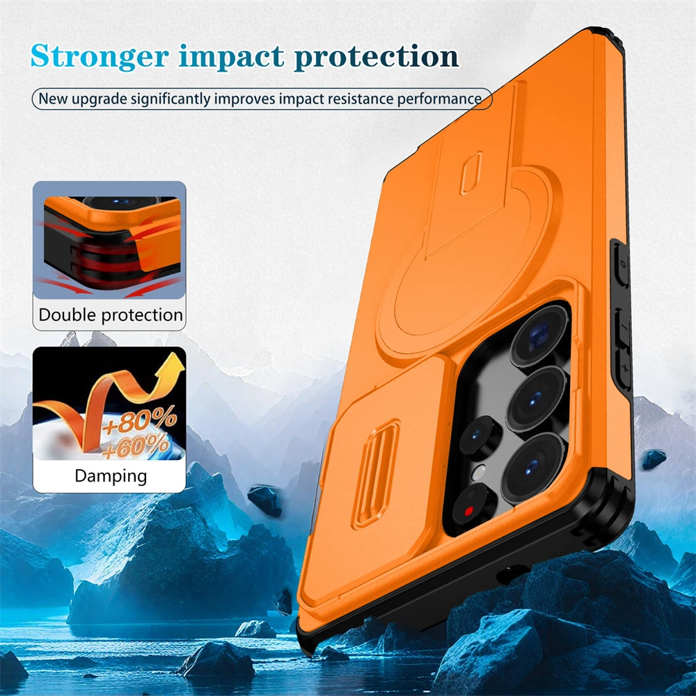 Rugged Armor Magnetic Case with Sliding Privacy Lens Shield for Samsung Galaxy S26 Series