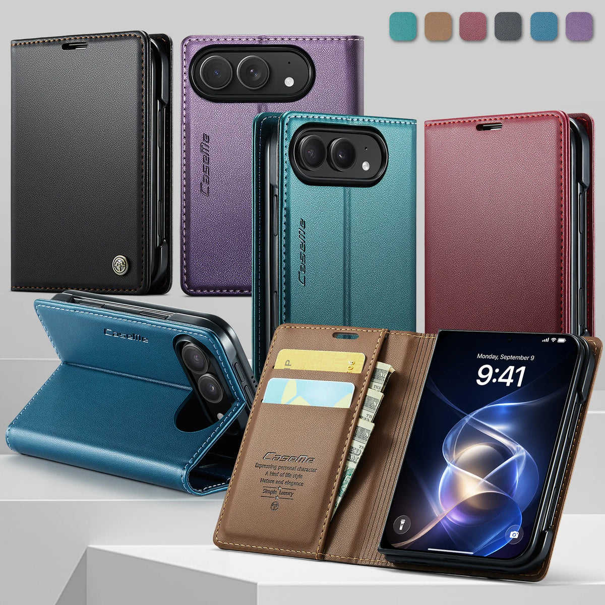Textured Leather Kickstand Wallet Case with 2-Card Storage for iPhone Duo