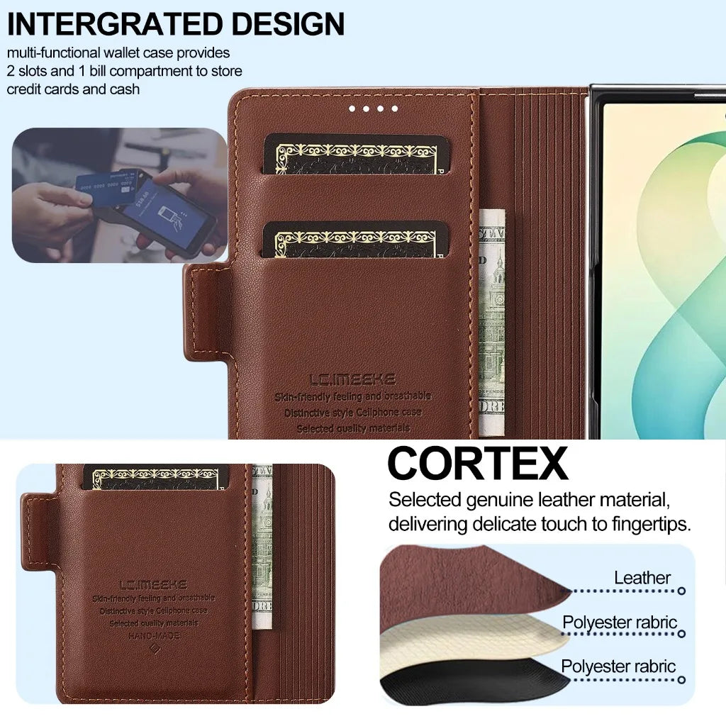 Genuine Leather Hinge Protection Wallet Case with Magnetic S Pen Slot for Samsung Galaxy Z Fold 8