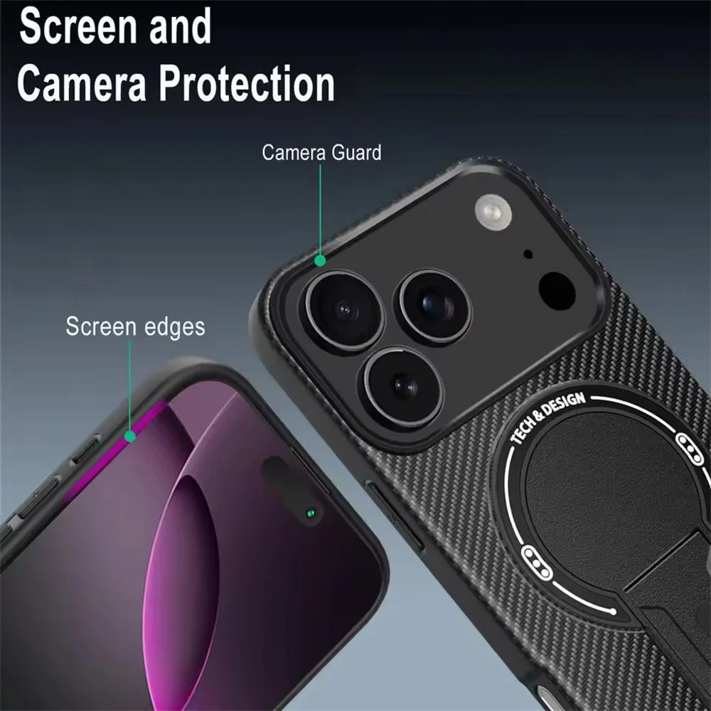 Military-Grade Luxury Carbon Fiber Pattern MagSafe Case with Foldable Stand for iPhone 17 Series