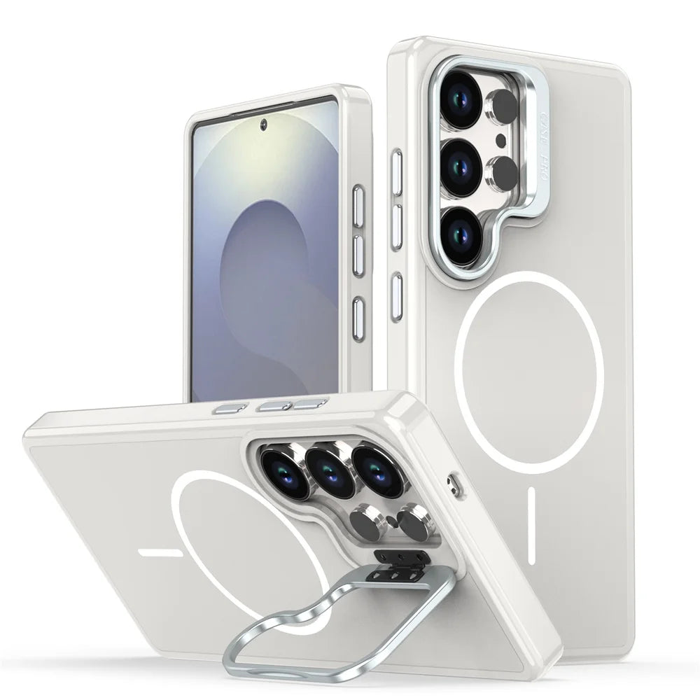 Silicone Magnetic Case with Metal Lens Stand for Samsung Galaxy S25 Series