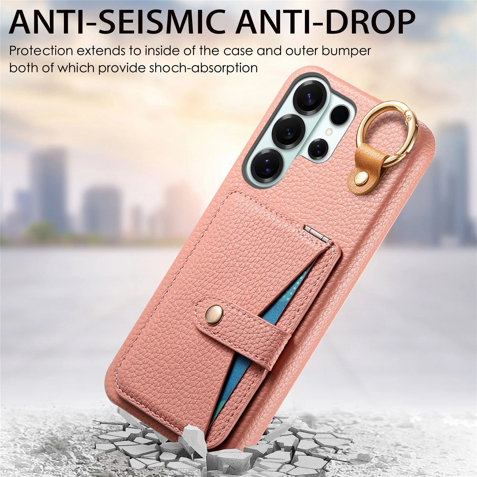 Pebbled Leather Flip Case with Built-In Makeup Mirror and Card Slots for Samsung Galaxy S23 Series