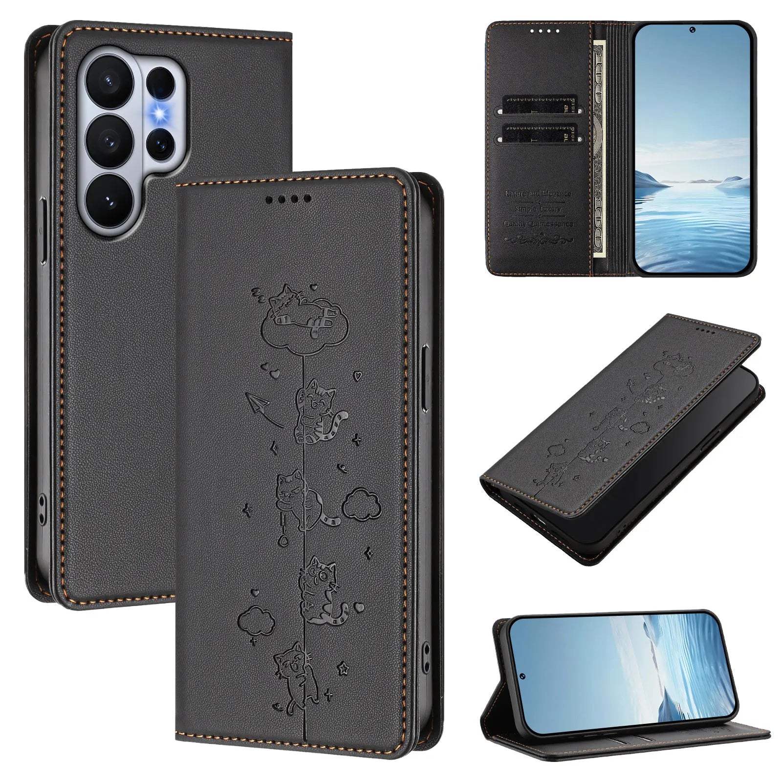Cute Cat Embossed Leather Wallet Case for Samsung Galaxy S26 Series