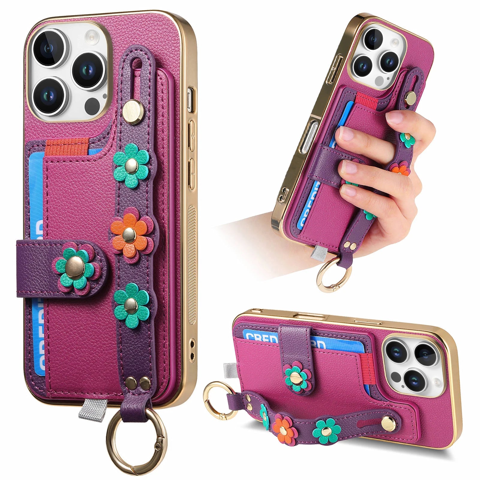 Shockproof Leather Wallet Case with Wrist Strap for iPhone 16 Series