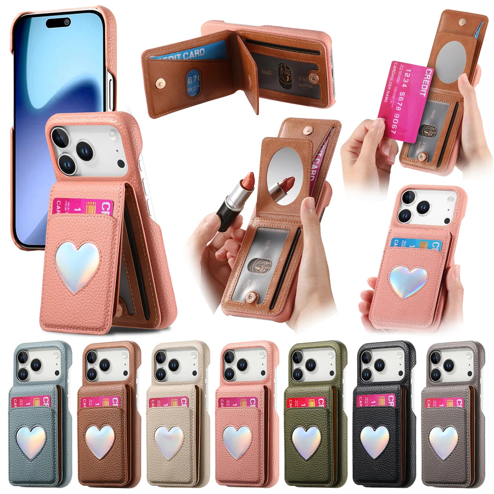 Lychee Pattern Love Heart Leather Wallet Case with Mirror & RFID Protection for iPhone 17 Series