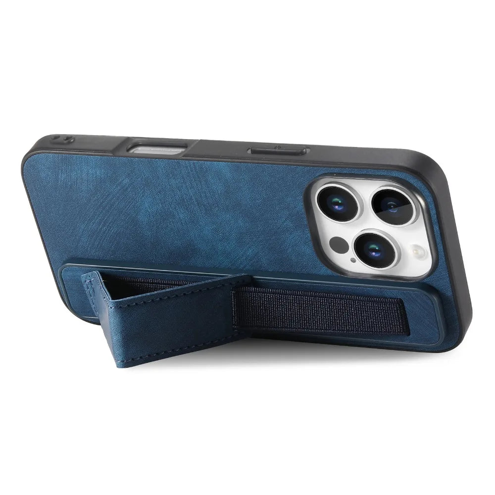 Leather Kickstand Wrist Strap Case for iPhone 16 Series