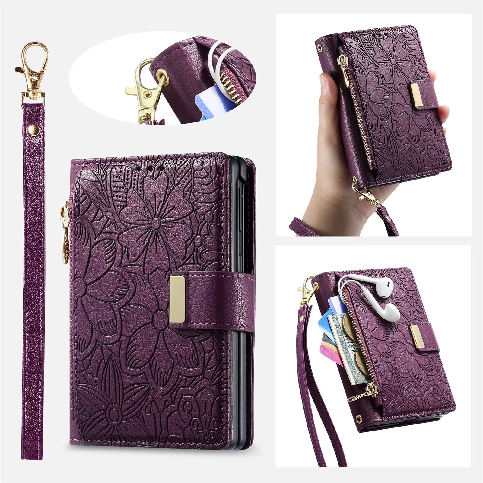 Fashion Leather Wallet Case with Zipper Pocket and Strap for Samsung Galaxy Z Fold 8