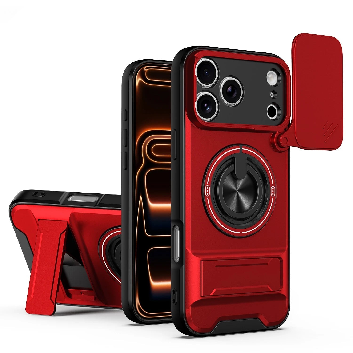 iPhone 17 Series MagSafe Case with Lens Slide Cover and 360° Ring Stand