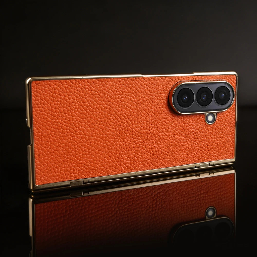 Genuine Leather Case with Raised Camera Protection Ring for Samsung Galaxy Z Fold 7