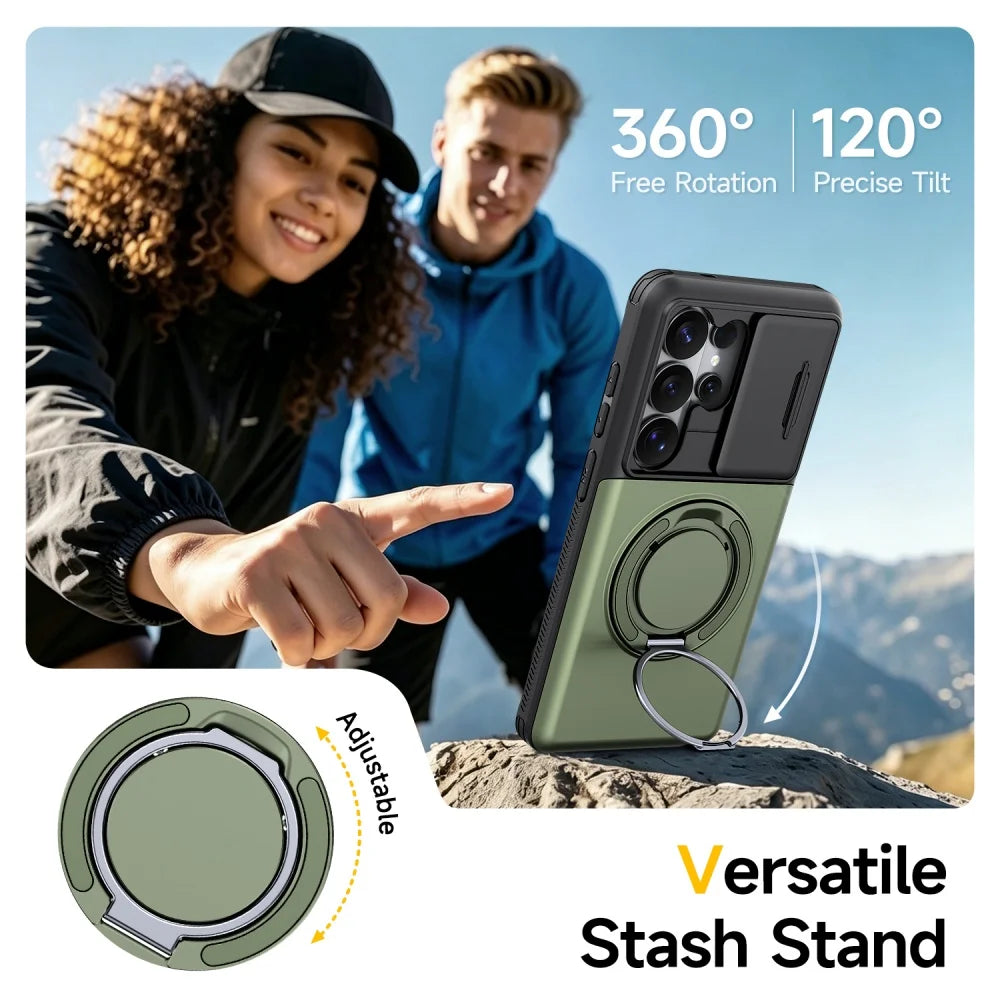 Shockproof Case with Sliding Camera Cover and Folding Ring for Samsung Galaxy S24 Series