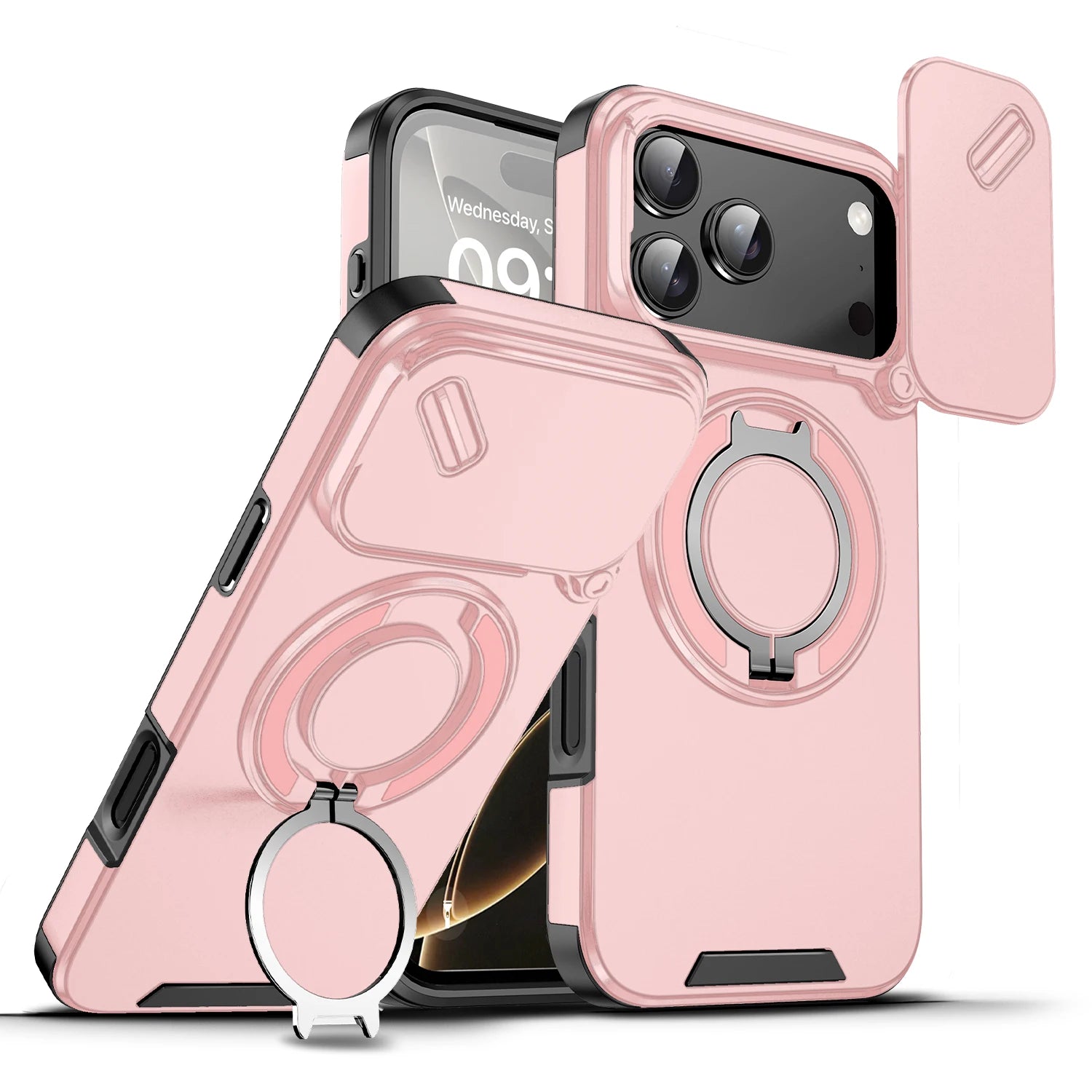 Durable Heavy Duty Case with Camera Slide Cover & Magnetic Ring Kickstand for iPhone 17 Series