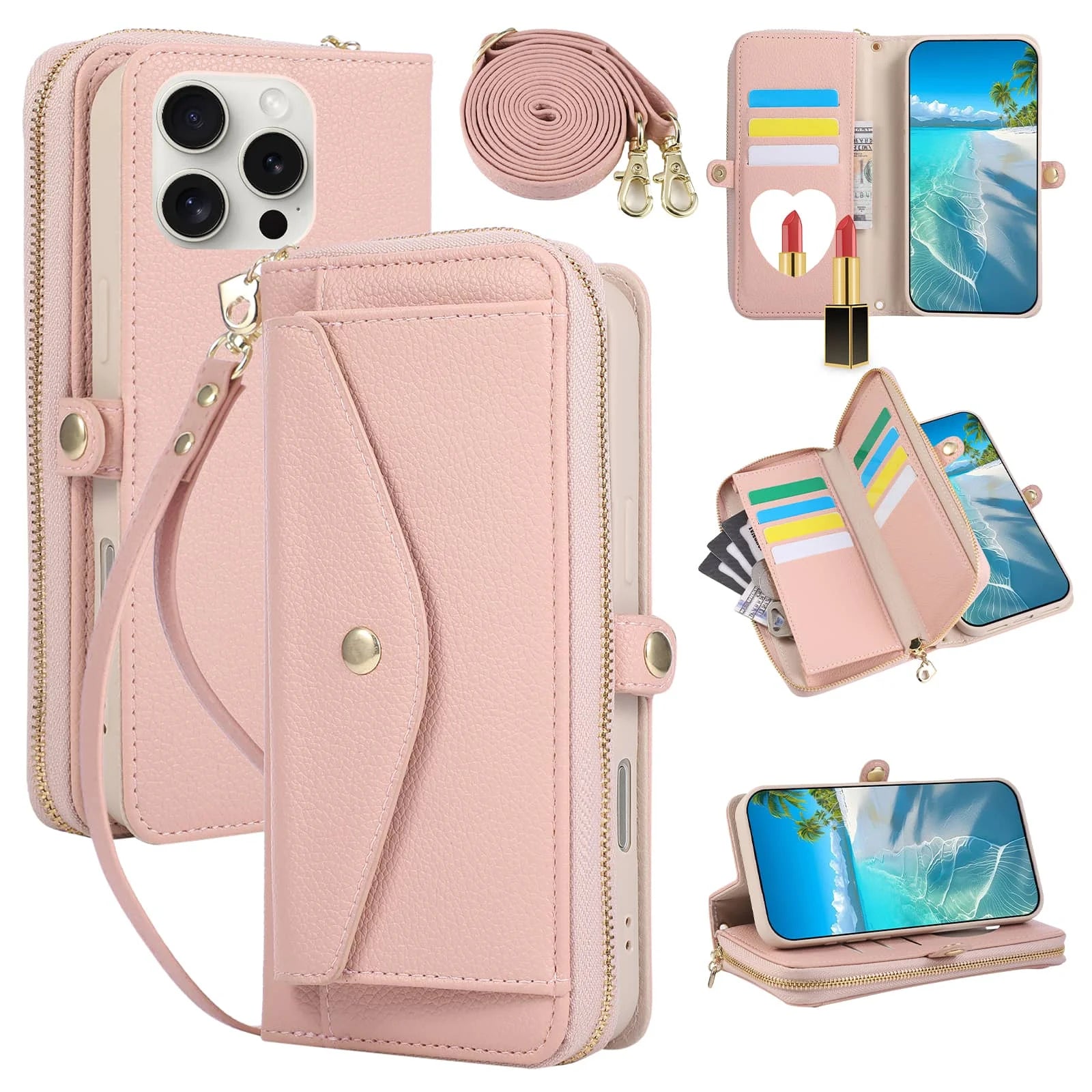 iPhone 15 Series Crossbody Wallet Case with Built-In Mirror and Kickstand