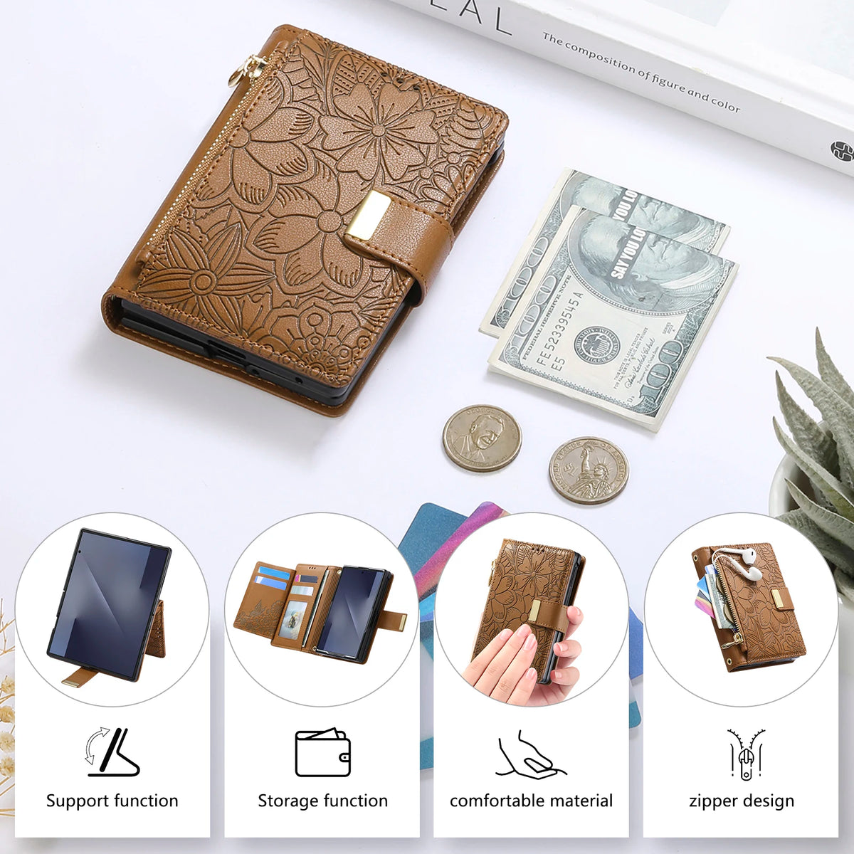 Leather Flip Wallet Case with Adjustable Kickstand for Samsung Galaxy Z Fold 8