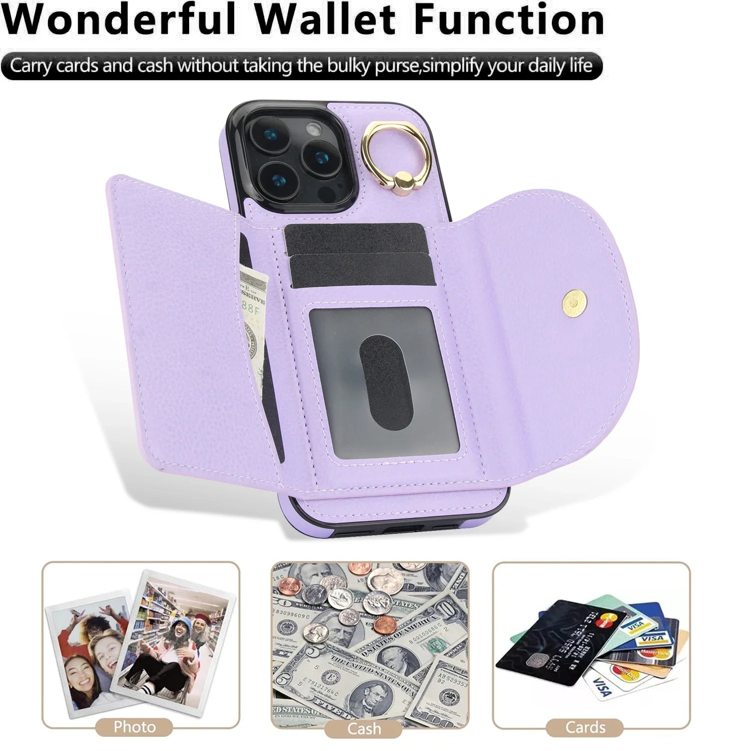 iPhone 16 Series Leather Wallet Case with Card Holder & Ring Kickstand