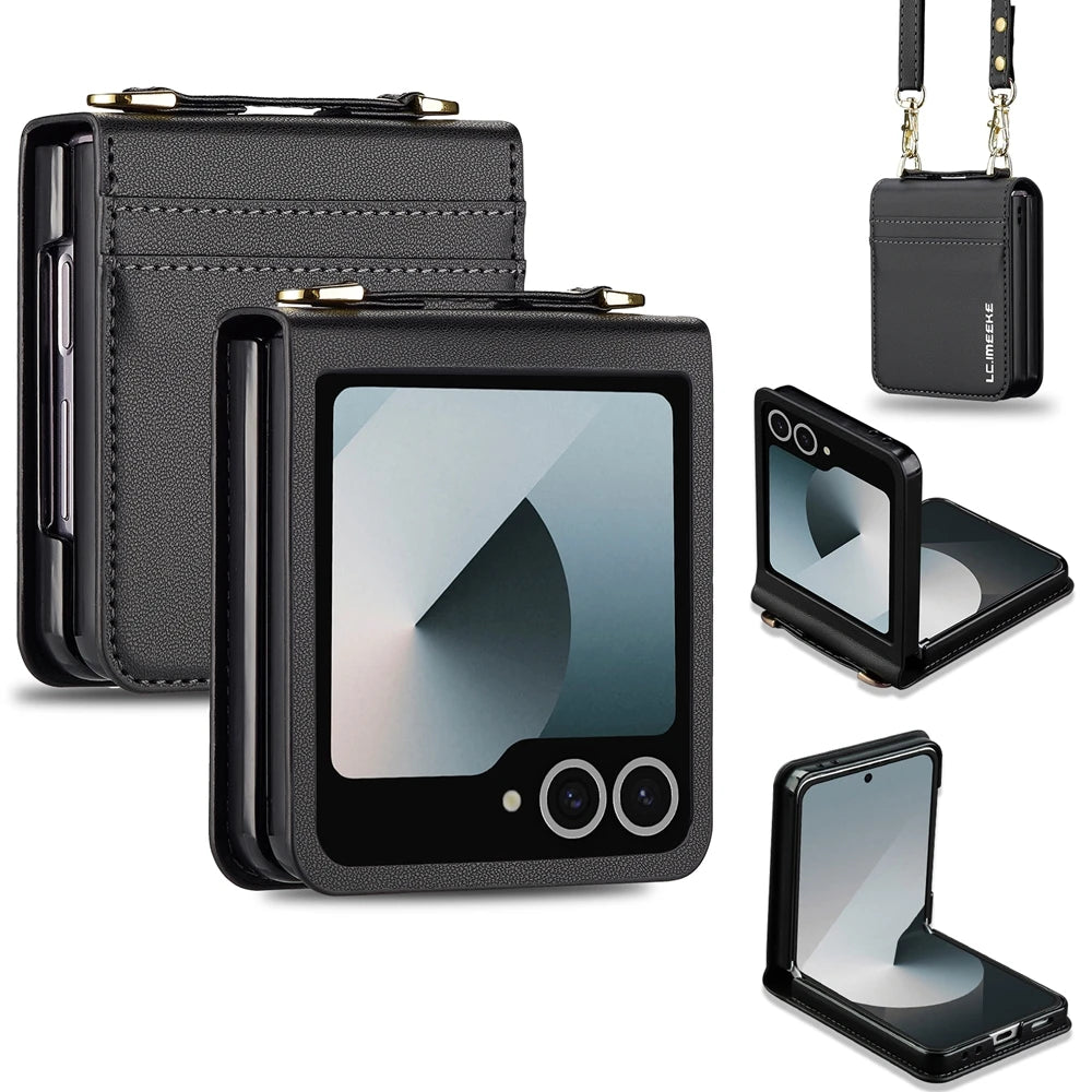 Crossbody Leather Phone Case with Card Slots & Lanyard for Samsung Galaxy Z Flip 6