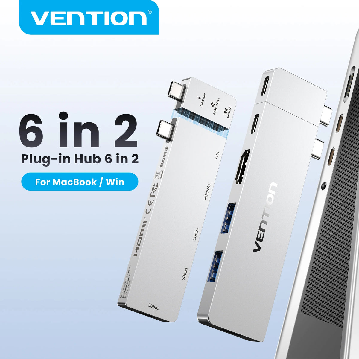 Vention Dual USB-C 6-in-2 Direct Plug Hub