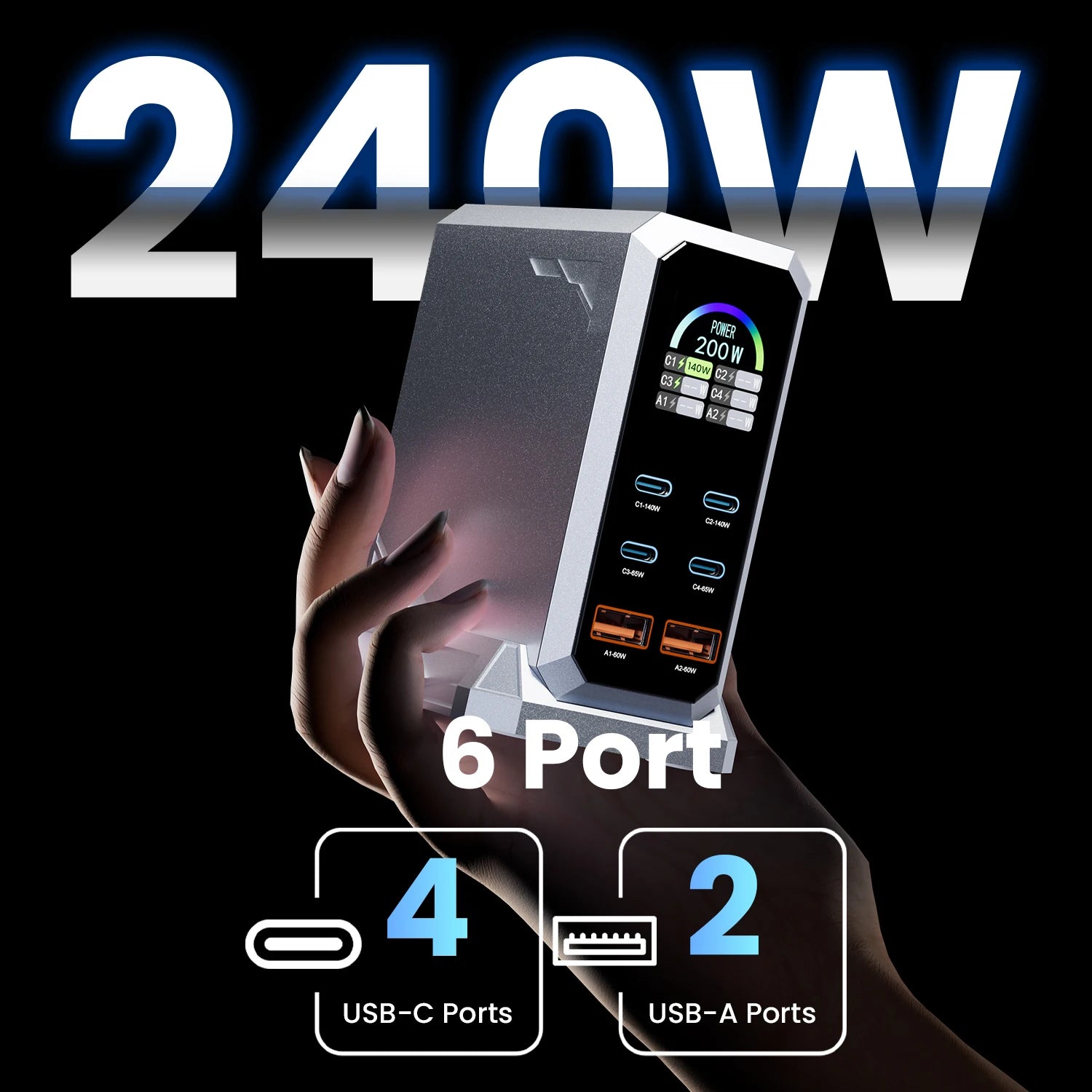 ASOMETECH 240W 6-in-1 GaN Charging Station with Digital Display