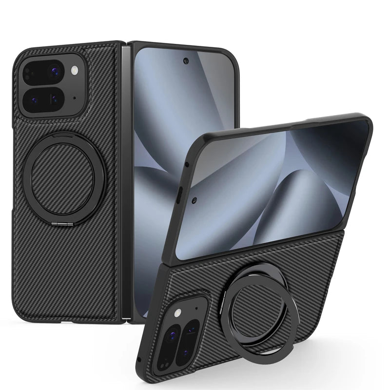 Carbon Fiber Open-Back Case with Rotating Magnetic Ring Stand for Pixel 10 Pro Fold