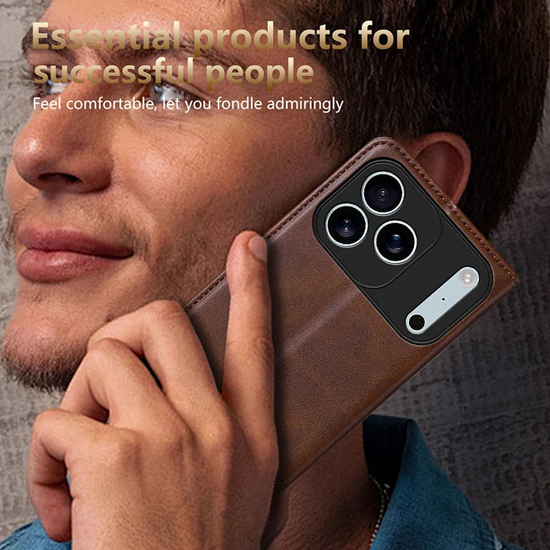 Leather Flip Wallet Case with Magnetic Closure for iPhone 17 Series