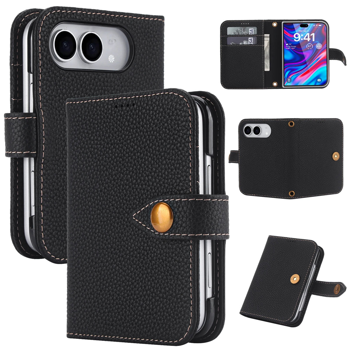 Pebbled Leather Kickstand Flip Wallet Case with MagSafe for iPhone Duo