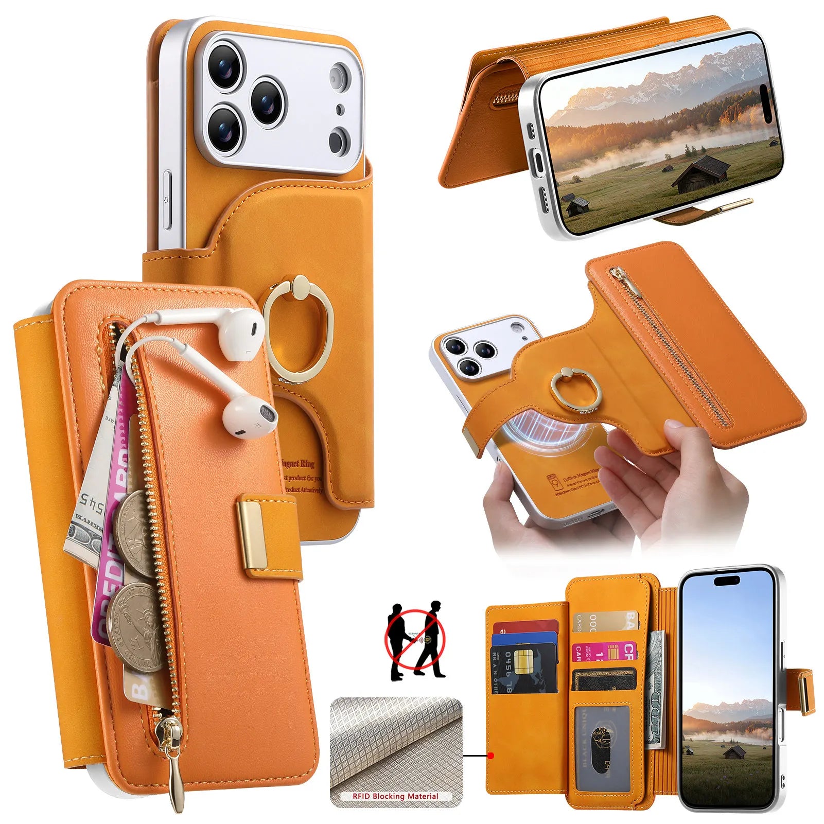 2-in-1 Detachable MagSafe Leather Wallet Case with Ring for iPhone 17 Series