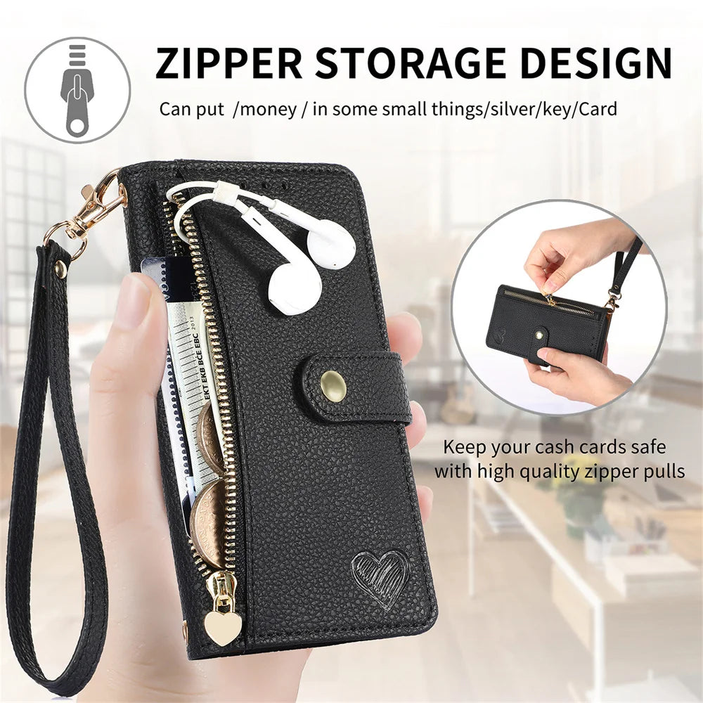 RFID Blocking Leather Zipper Wallet Phone Case with Wrist Strap for iPhone 17 Series