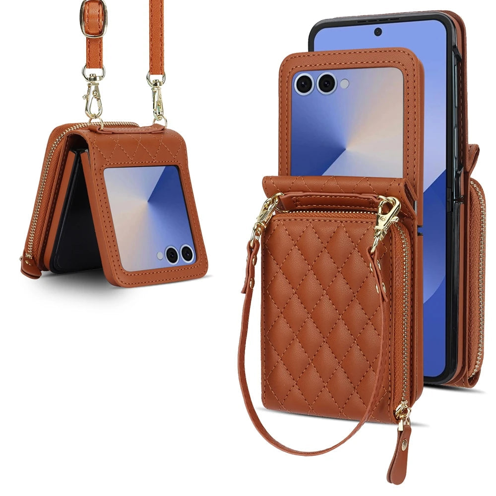 Shockproof Leather Crossbody Case with Lanyard and Wallet Pouch for Samsung Galaxy Z Flip 7