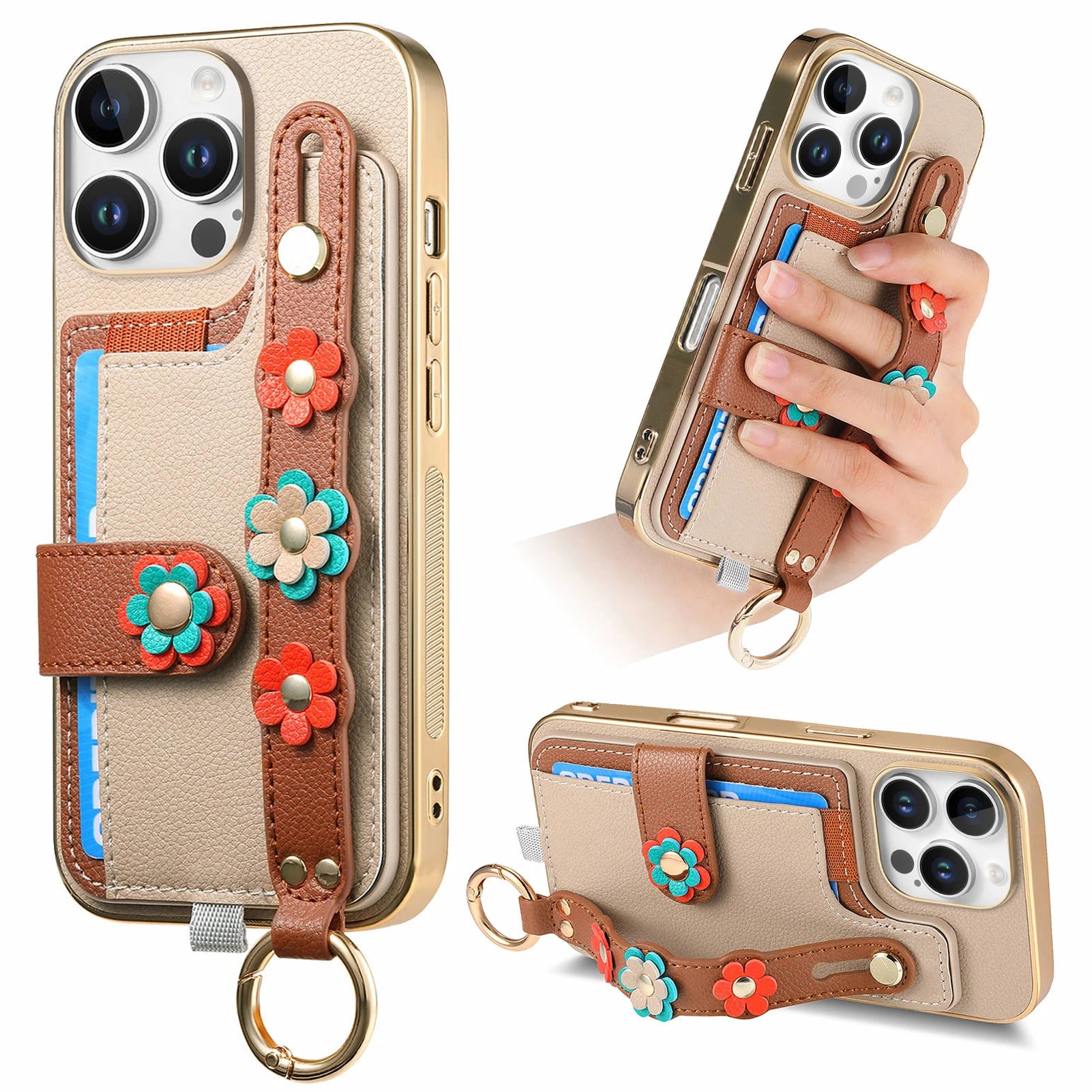 Shockproof Leather Wallet Case with Wrist Strap for iPhone 16 Series