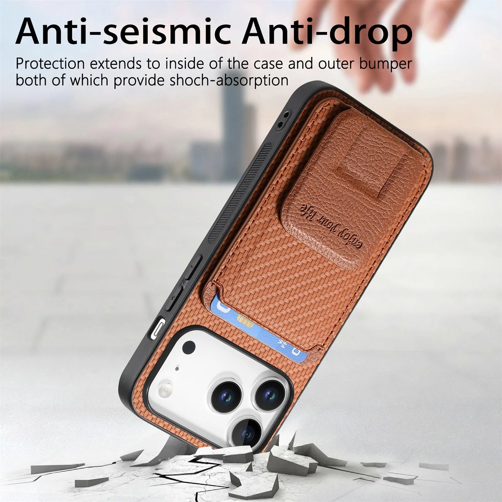 Carbon Fiber Pattern Magnetic Leather Wallet Case with Invisible Kickstand for iPhone 17 Series