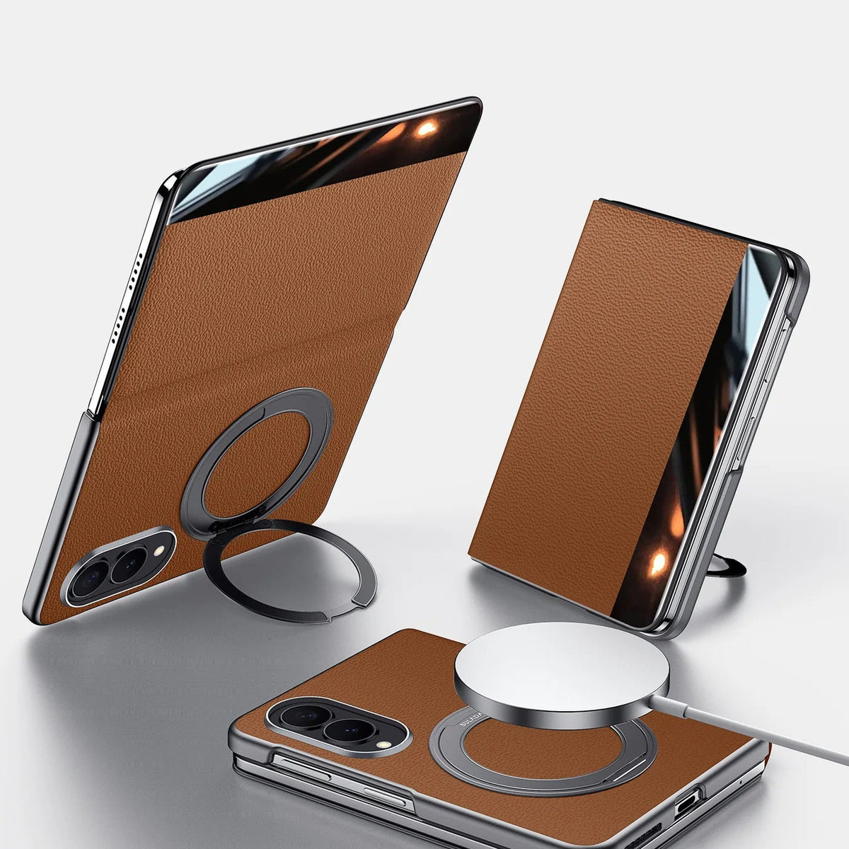 Top-Grain Leather Flip Case with 360° Rotating Ring Stand for Samsung Galaxy Z Fold 8