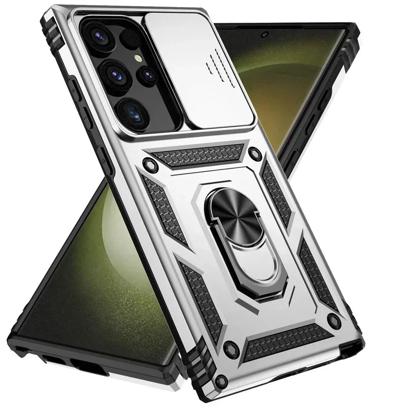 Military Grade Slide Camera Lens Armor Case with Ring Stand for Samsung Galaxy S25 Series