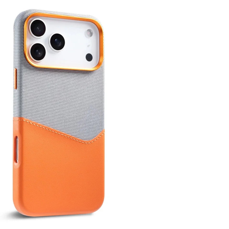 Premium Leather and Fabric Splicing MagSafe Case with Card Slots for iPhone 17 Series