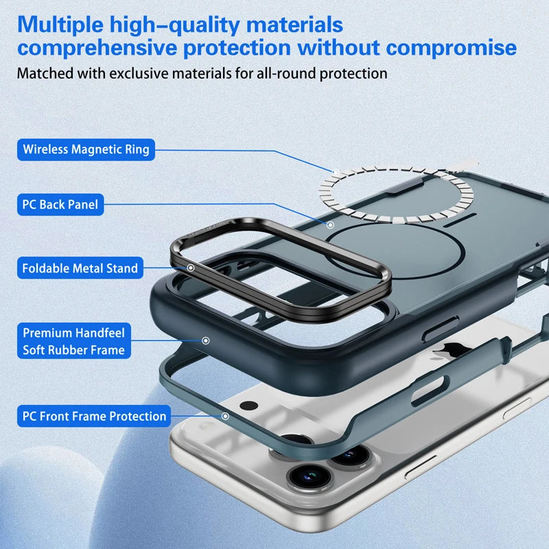 Durable Anti-Shock MagSafe Case with Built-in Lens Stand for iPhone 17 Series