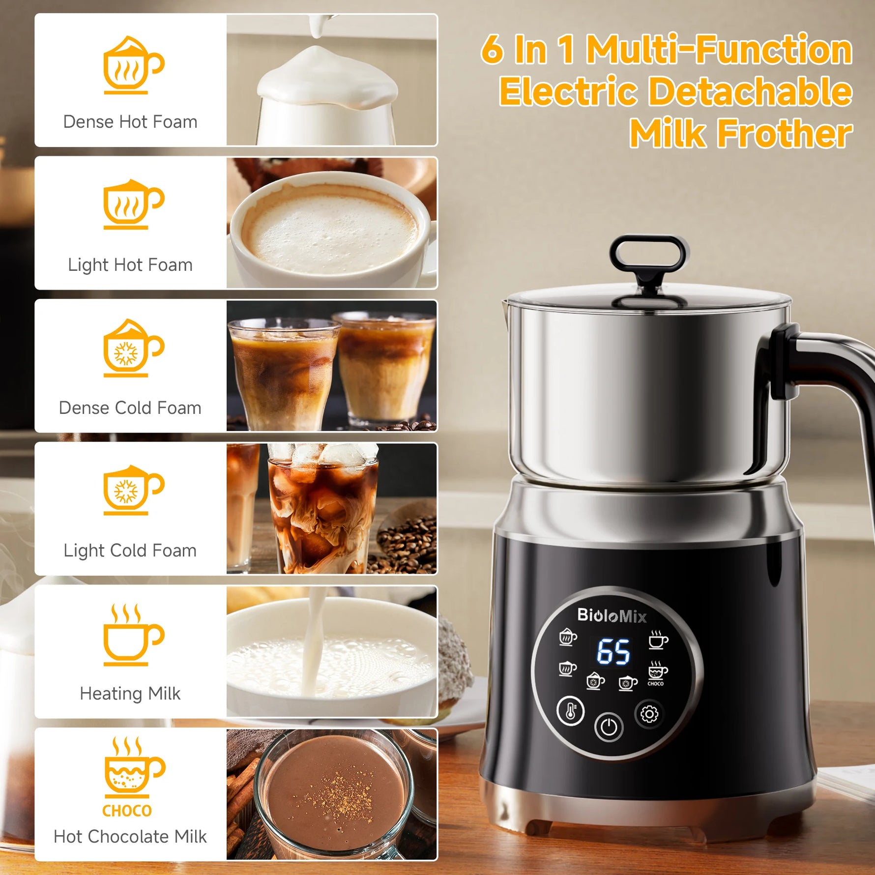 BioloMix BMF202 7-In-1 Electric Milk Frother Hot And Cold Foam Maker