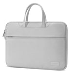 Gray laptop sleeve with handle and additional product on white background