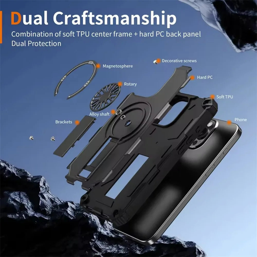 Shockproof Armor MagSafe Case with Invisible Fold Stand for iPhone 16 Series