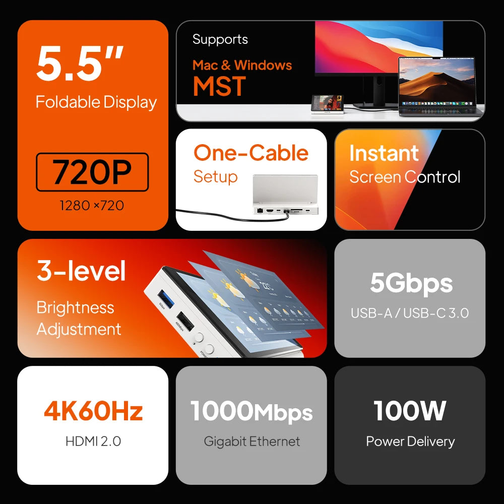 CABLETIME 5.5" Foldable Screen USB-C Dock