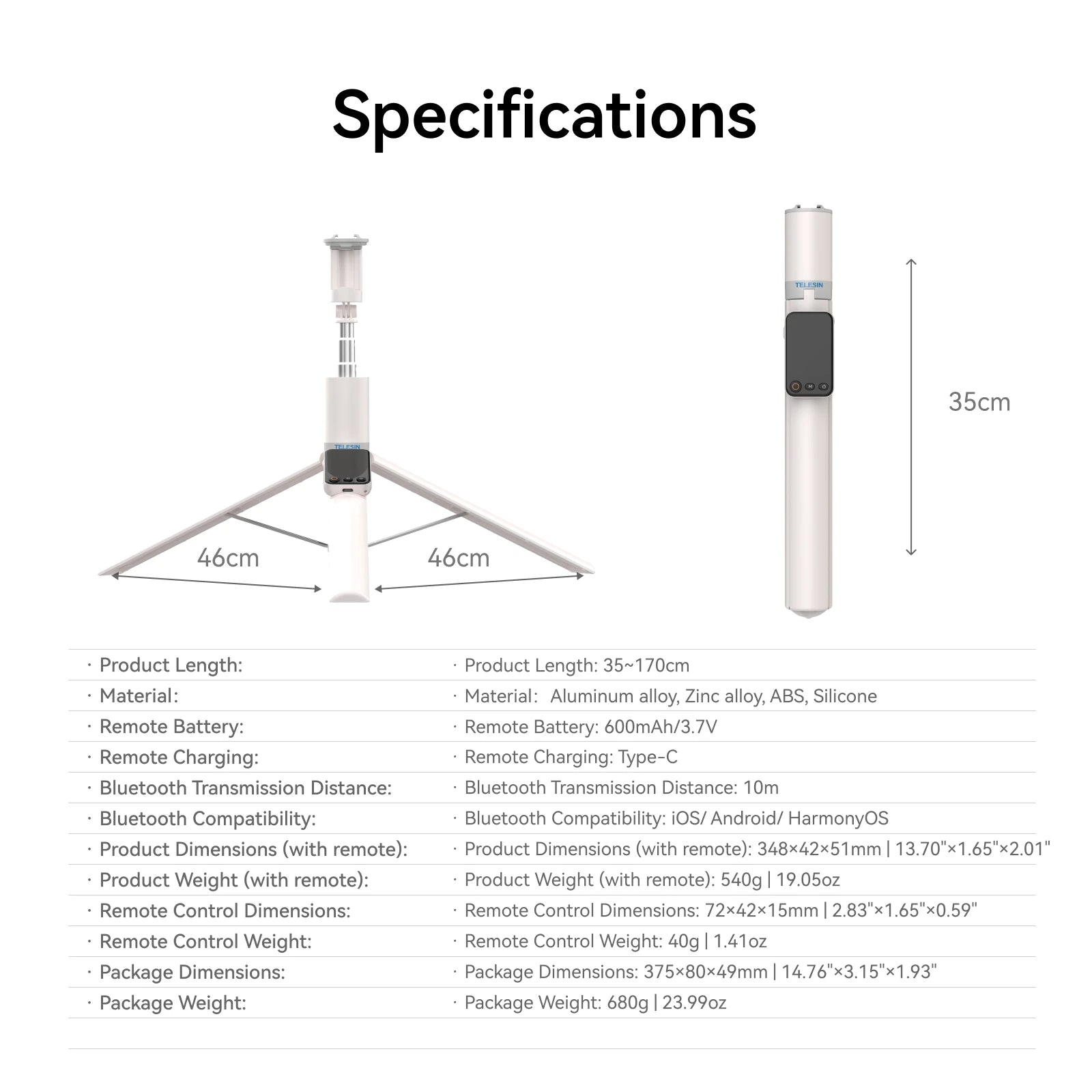 TELESIN 1.7M Bluetooth Remote Selfie Stick Tripod