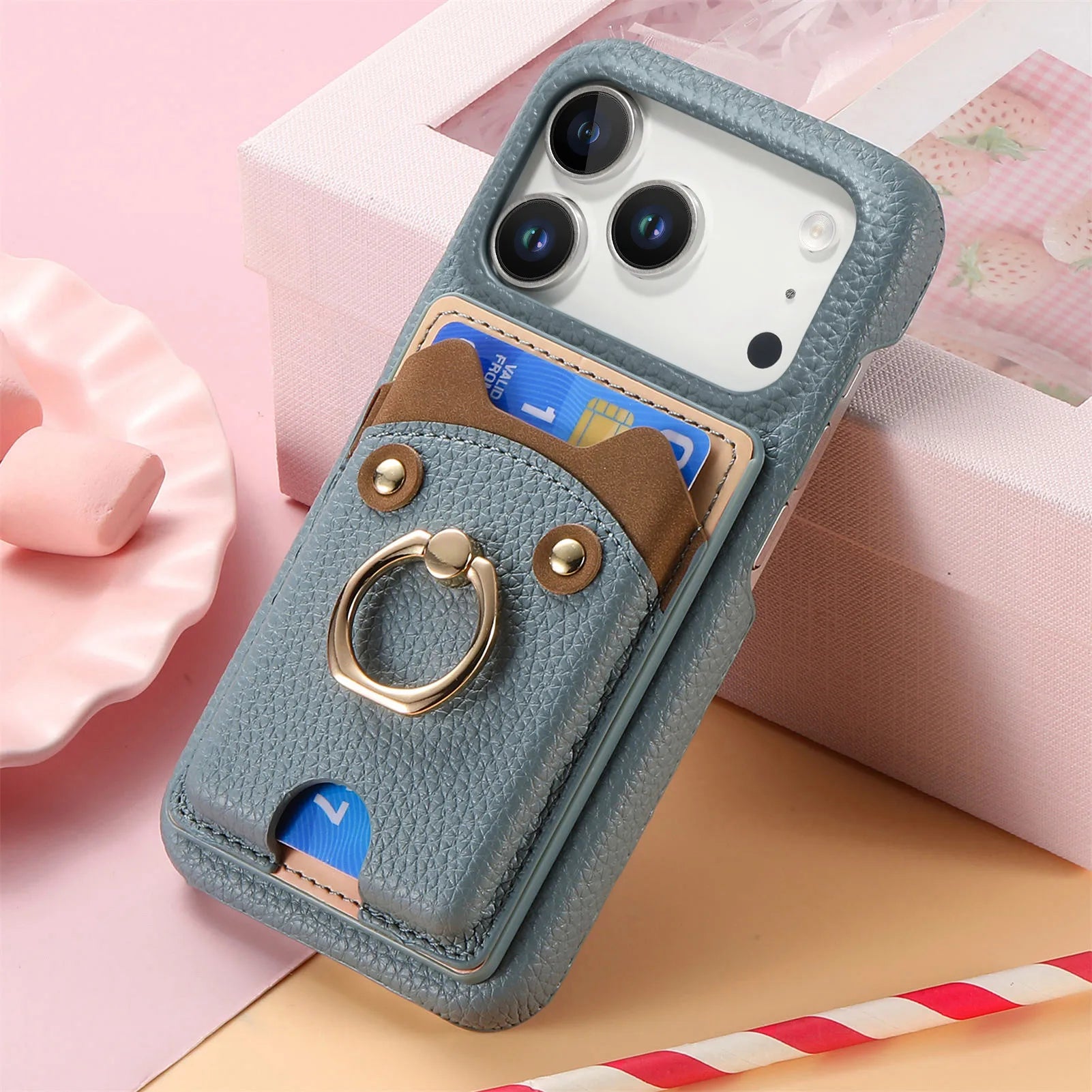 Premium Lychee Pattern Leather Wallet Case with Ring Holder & Vertical Card Slot for iPhone 17 Series