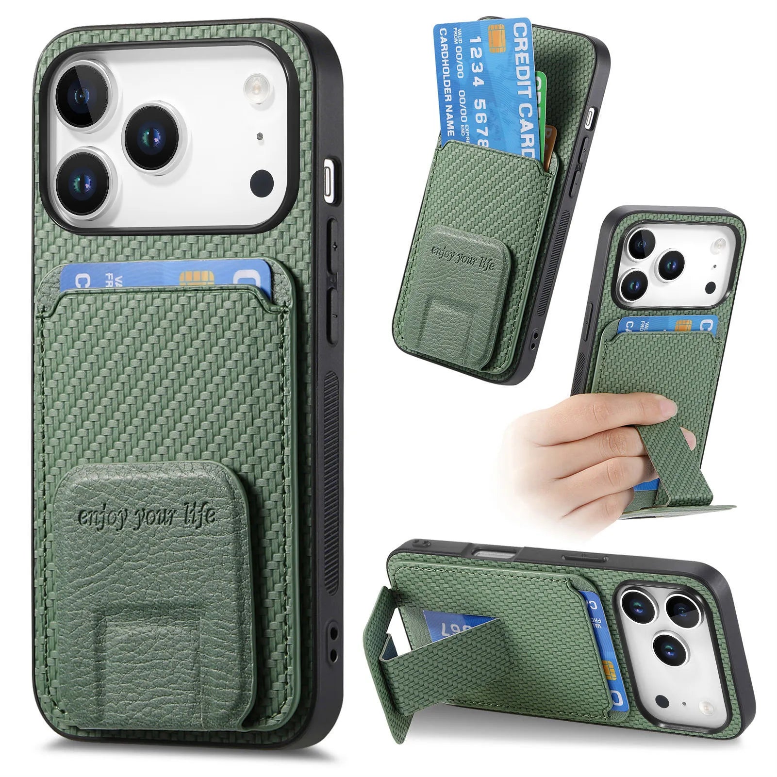 Carbon Fiber Pattern Magnetic Leather Wallet Case with Invisible Kickstand for iPhone 17 Series