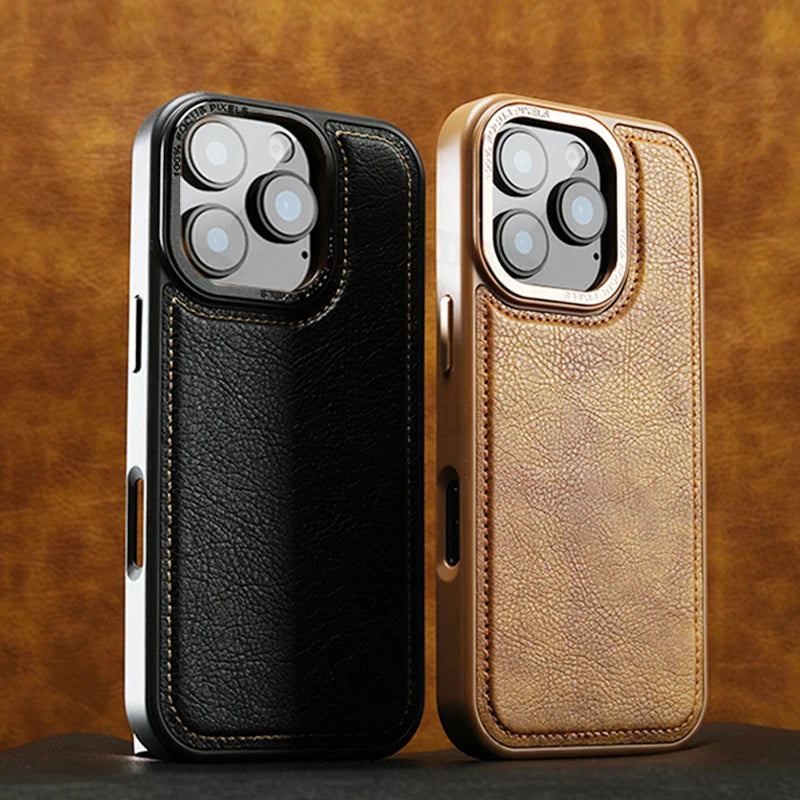 Luxury PU Leather Magsafe Phone Case with Reinforced Metal Camera Frame for iPhone 16 Series